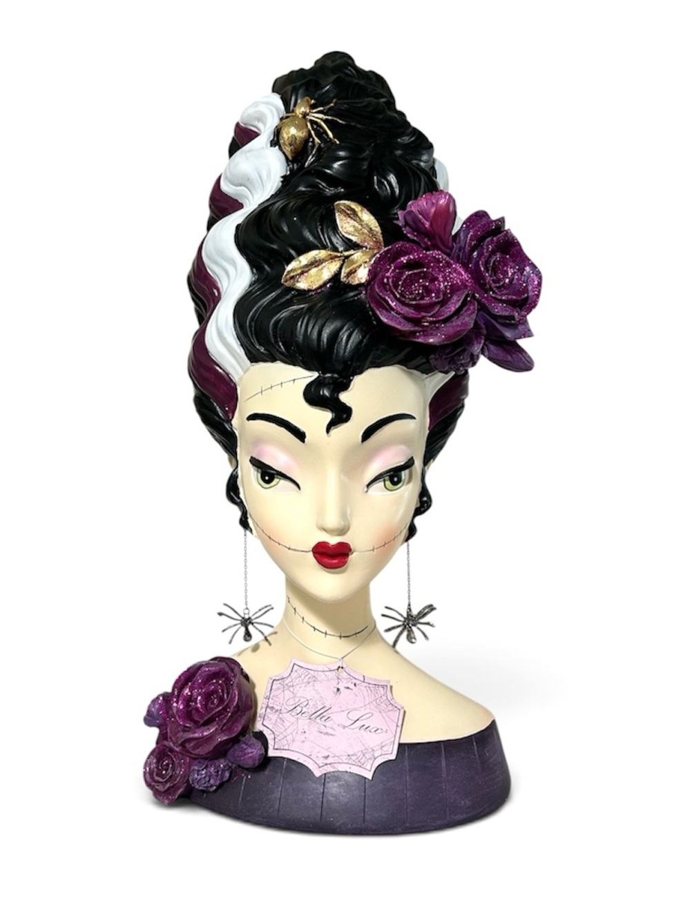 NEW Bella Lux Bride of Frankenstein Head Bust Spider Earrings Halloween Decor - Picture 1 of 6